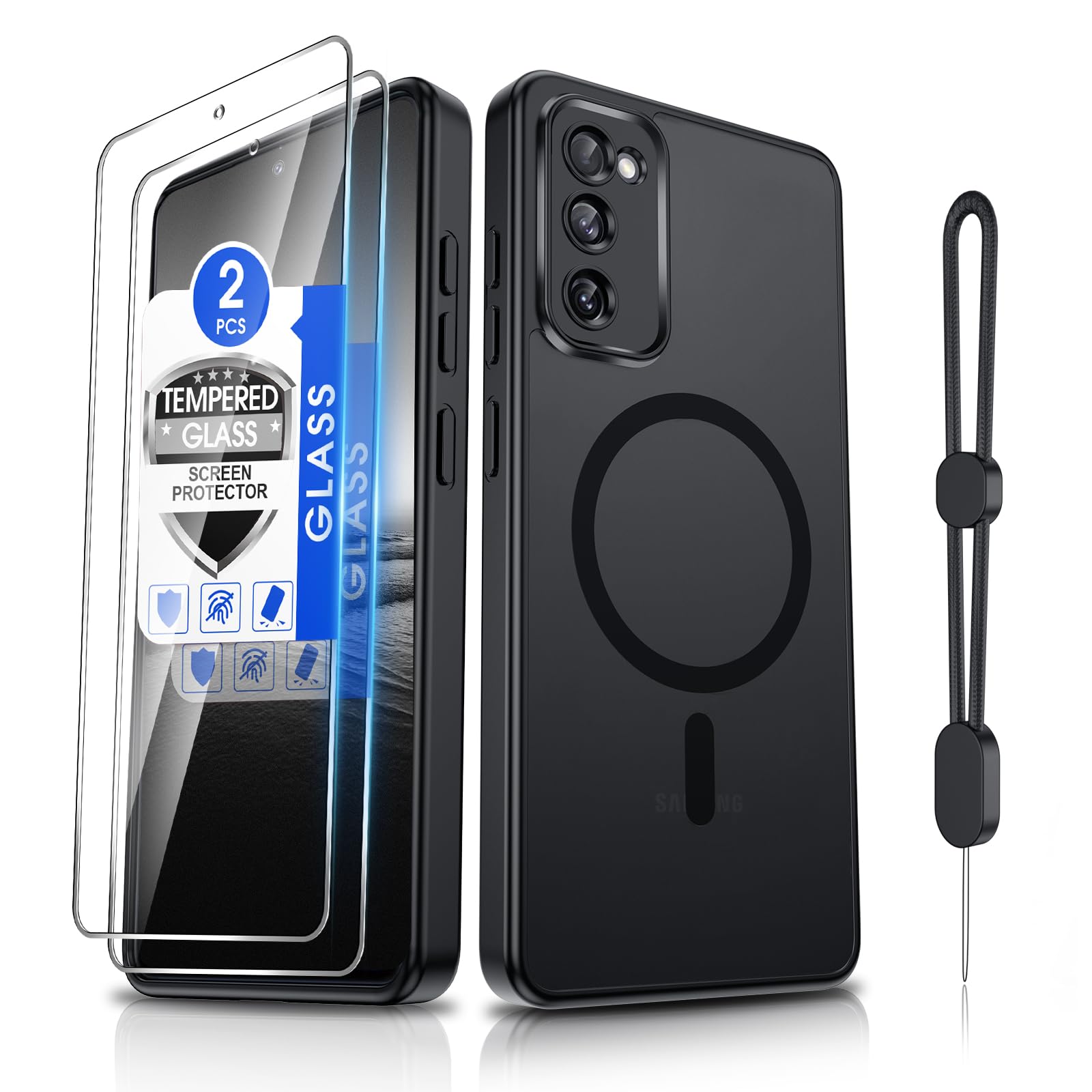Dizn Magnetic for Samsung Galaxy S20 FE Case [Not Fit S20],with Tempered Glass Screen Protector,Compatible with MagSafe,with Strap,Matte Translucent,Military Grade Funda Protective S 20FE (6.5"),Black