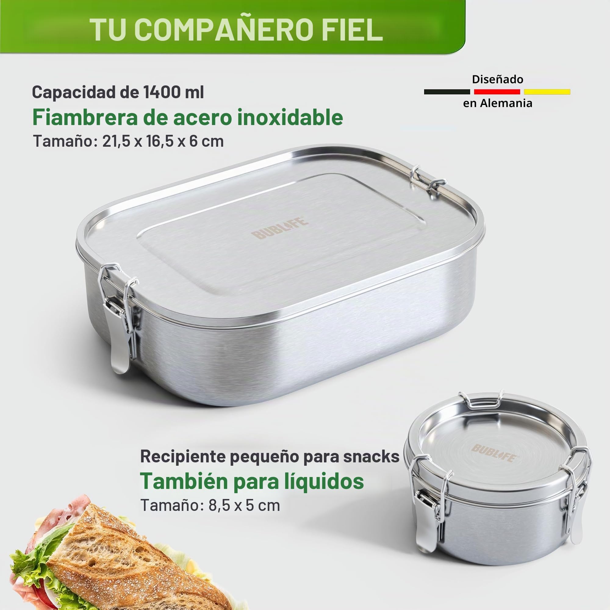 Fiambrera Tupper Bento 1400 ml Acero Inoxidable con Compartimento