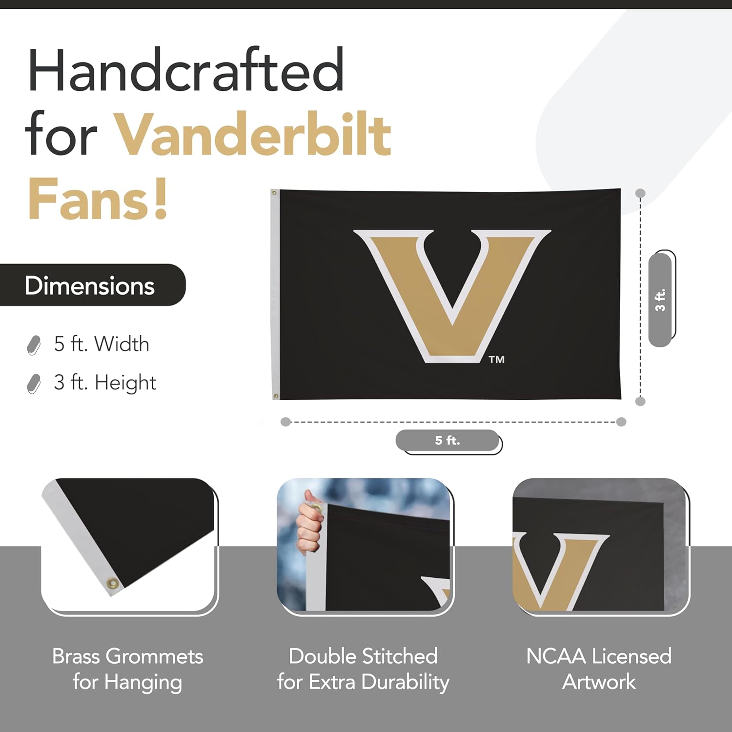 Vanderbilt Commodores College Sports Printed Flag - NCAA Licensed - Nylon - School Banner (Black, Gold) (3' x 5') - Image 2
