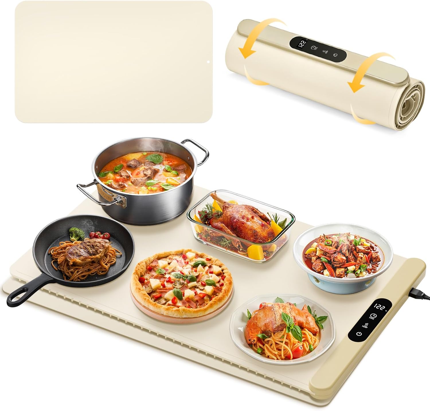 Food Warming Mat with Protective Table Mat, Graphene Fast Full-Surface Heating Mat, Electric Warming Tray with 6 Temperature and 6HoursTimer, Portable Rollable Food Warmer Perfect For Parties Buffet