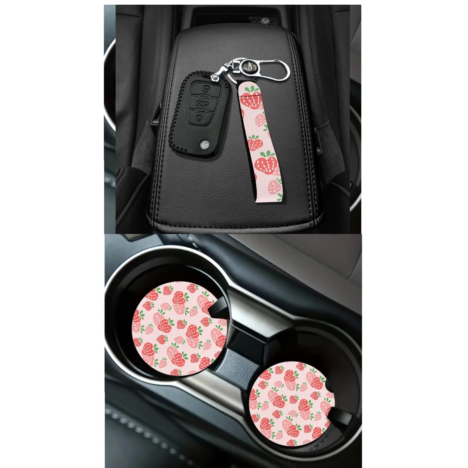 Set completo di coprisedili per auto rosa fragola con coprivolante da 38,1 cm, pattumiera, cinture di sicurezza, portabicchieri, copertura per specchietto retrovisore, tasca per bocchetta