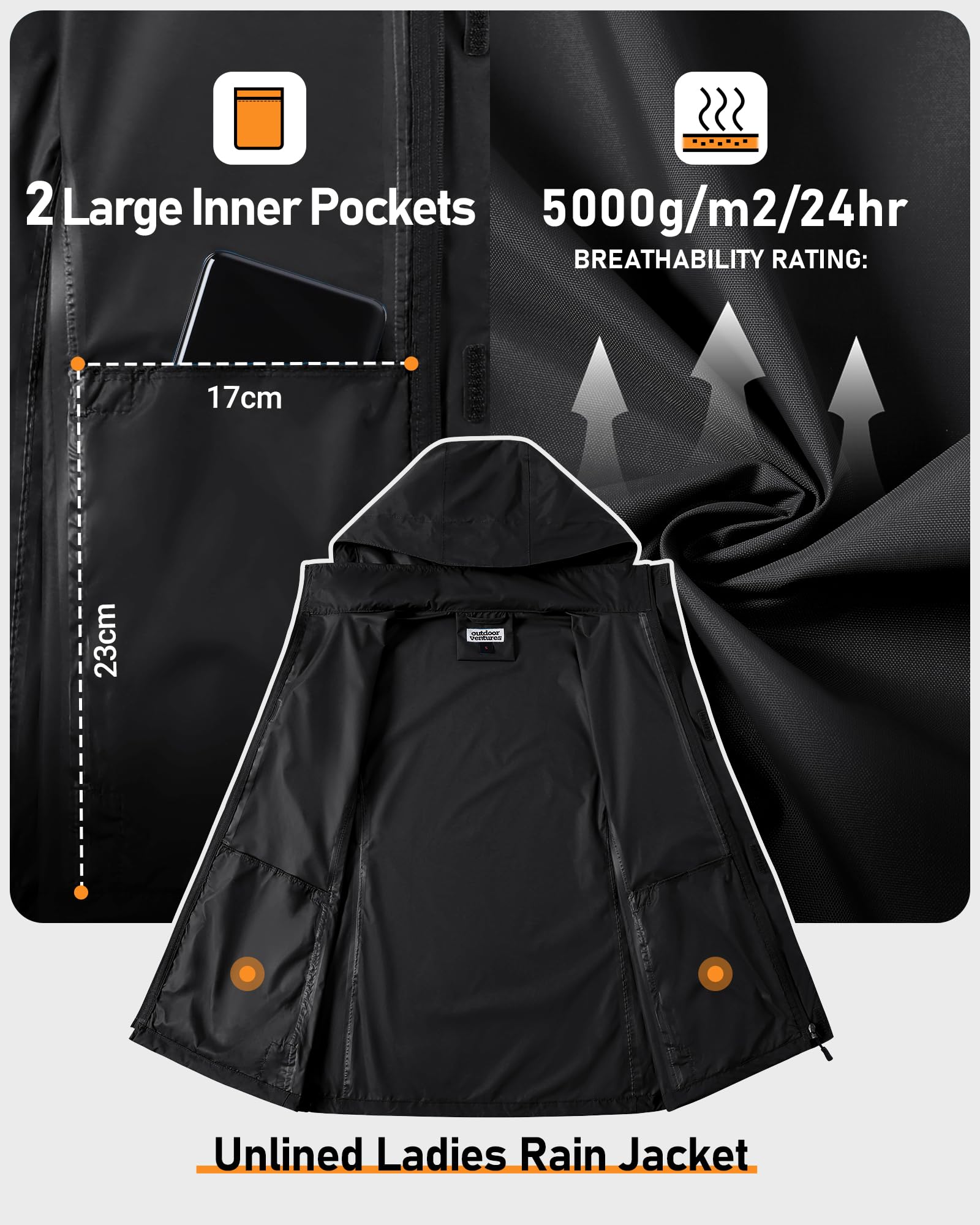 Outdoor Ventures Veste de pluie pour femme - Imperméable - Coupe-vent - Légère - Avec capuche - Pliable - Veste de cyclisme - Veste d'extérieur