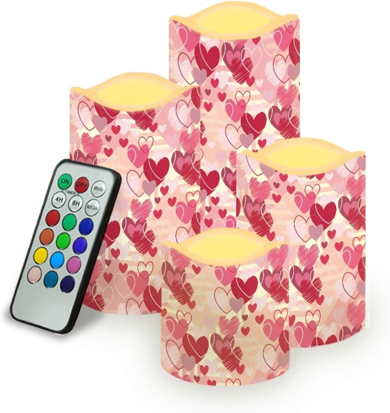 Pink Heart Theme Plastic Flameless Candles with Remote Control and Timer LED Flickering Battery Electric Pillar Candles for Table Valentine's Day Decoration