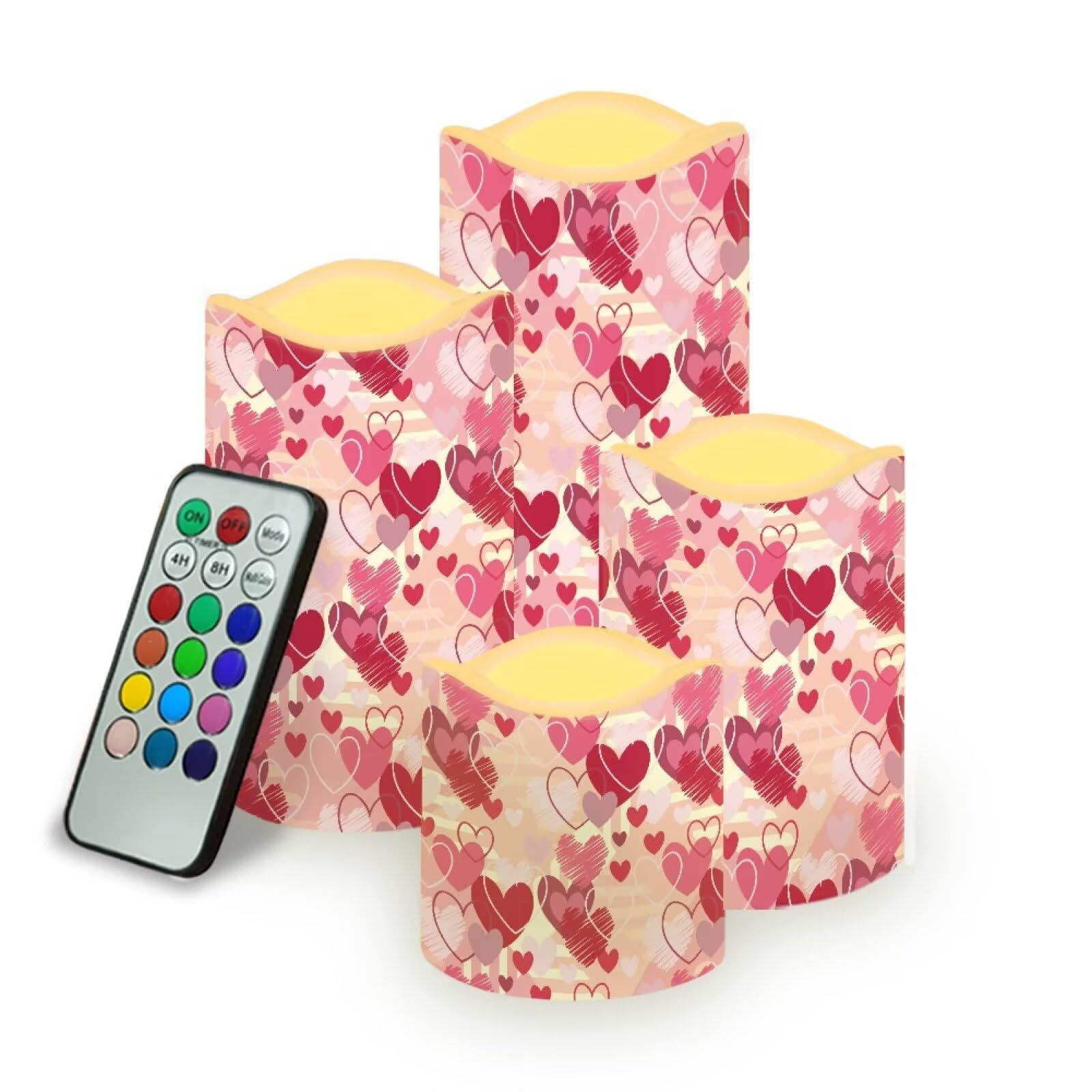 Pink Heart Theme Plastic Flameless Candles with Remote Control and Timer LED Flickering Battery Electric Pillar Candles for Table Valentine's Day Decoration