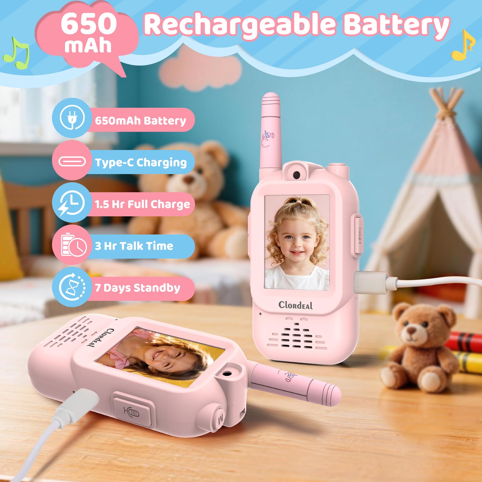 Video Walkie Talkie Bambini Lungo Raggio Ricaricabile, Regalo Bambina 3-12 Anni, Videochiamata, 6 Effetti Voce, 23 Emoticon, 12 Adesivi, LCD 2", Rosa, Confezione da 2