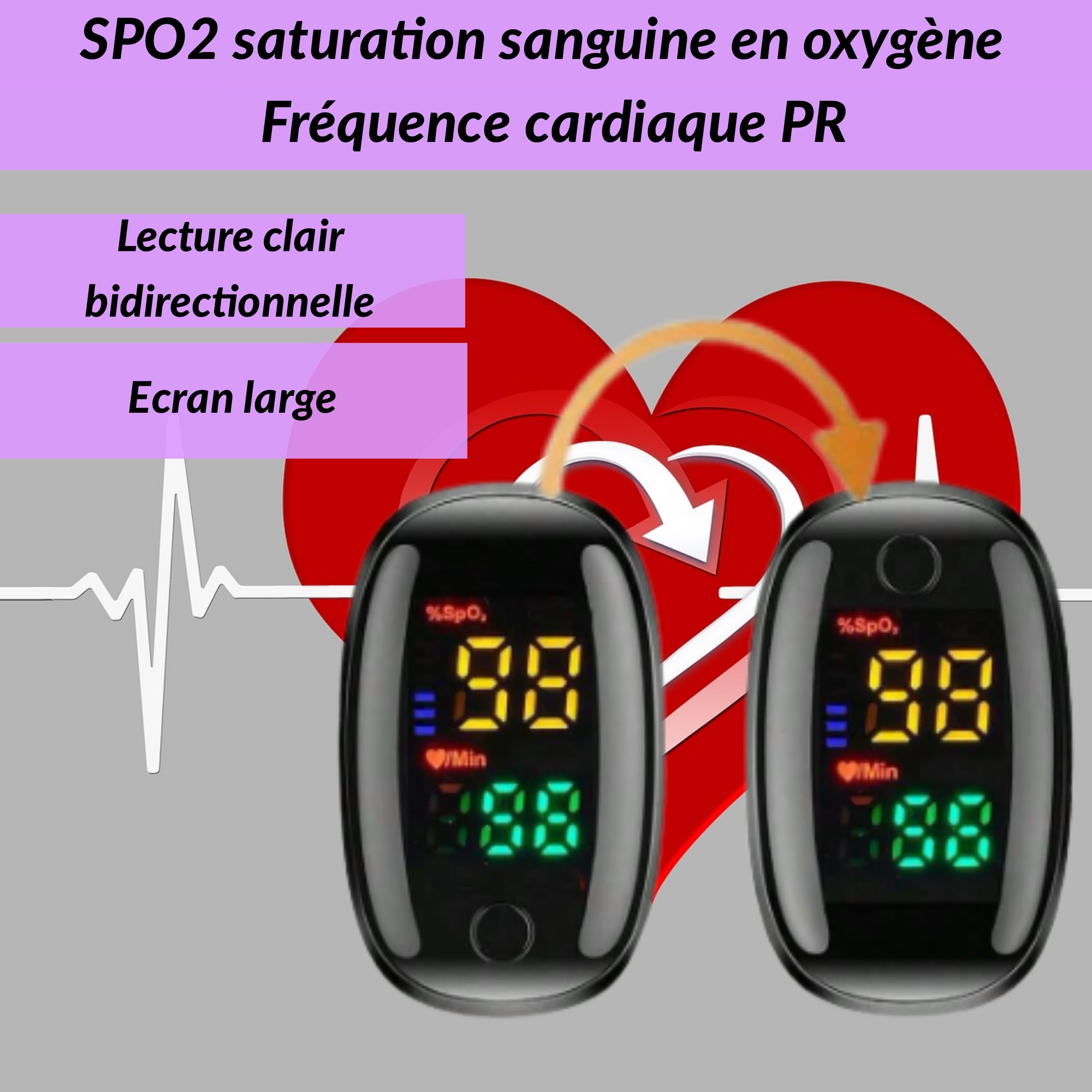 Oxymètre de Doigt Professionnel, Saturomètre SPO2 avec Écran LED, Mesure rapide de Saturation Oxygène et Fréquence Cardiaque, etui de protection + Piles Incluses, Idéal pour sportifs (noir)