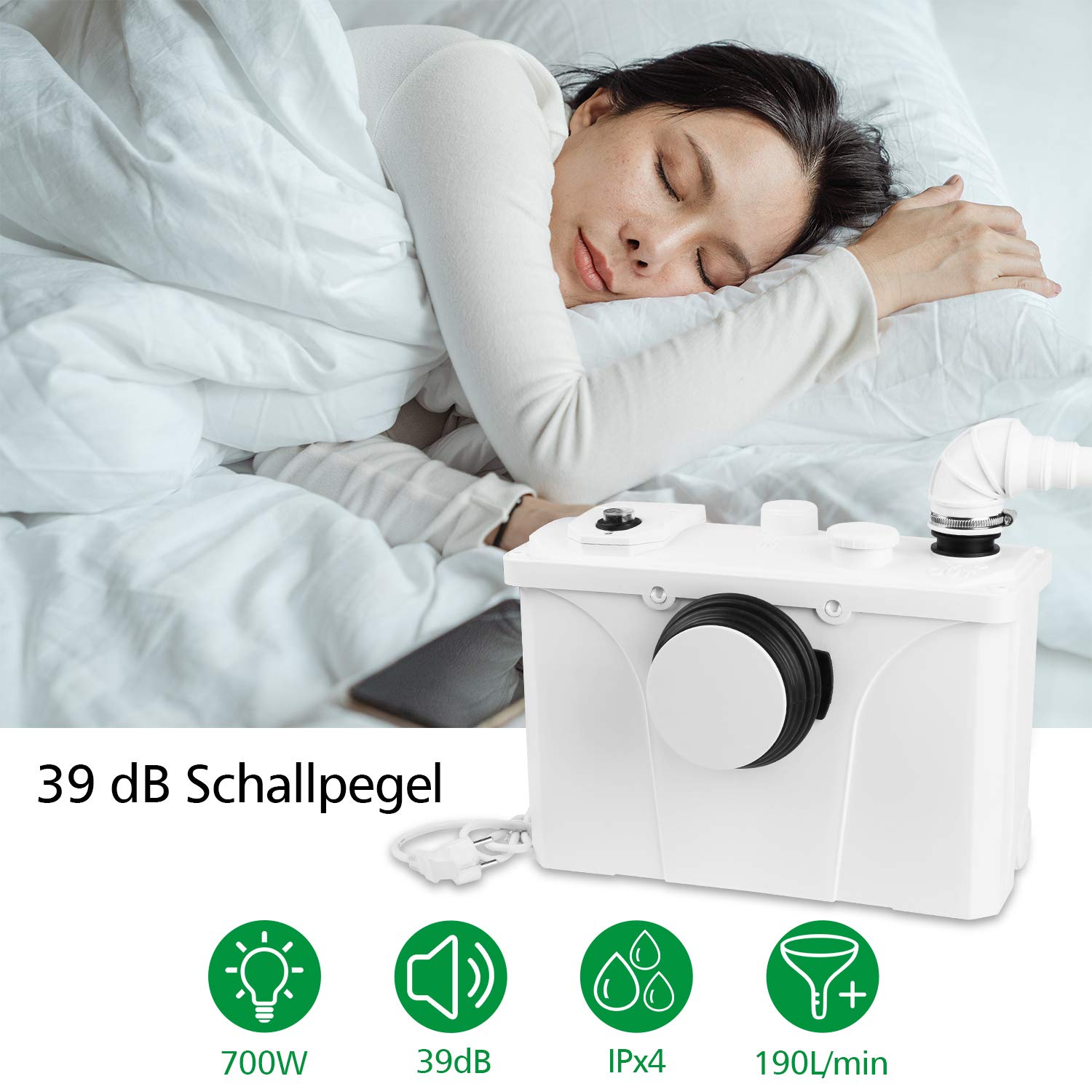 Daromigo Hebeanlage Schmutzwasserpumpe, 700W Fäkalienpumpe Schmutzwasserpumpen, 190L/min Kleinhebeanlage, Leise Schmutzwasser Abwasser Fäkalien Pumpe Haushaltspumpe für WC Waschmaschine Waschbecken