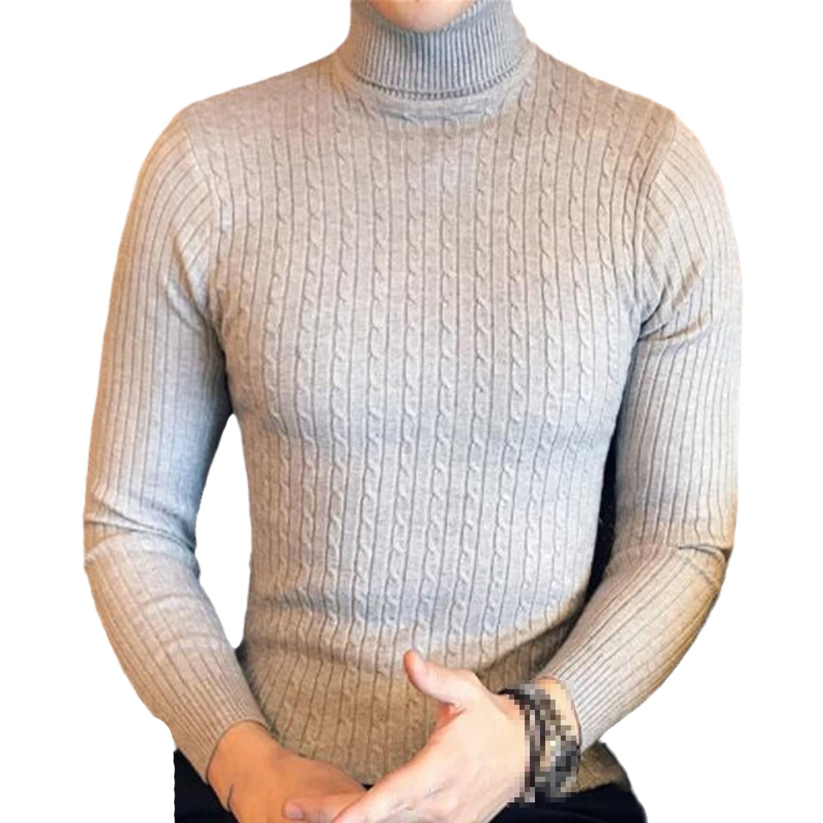 Vogrtcc Męski wąski jednolity kolor golf sweter zimowy długi rękaw ciepły dzianinowy sweter dół koszula, BEŻOWY, 3XL