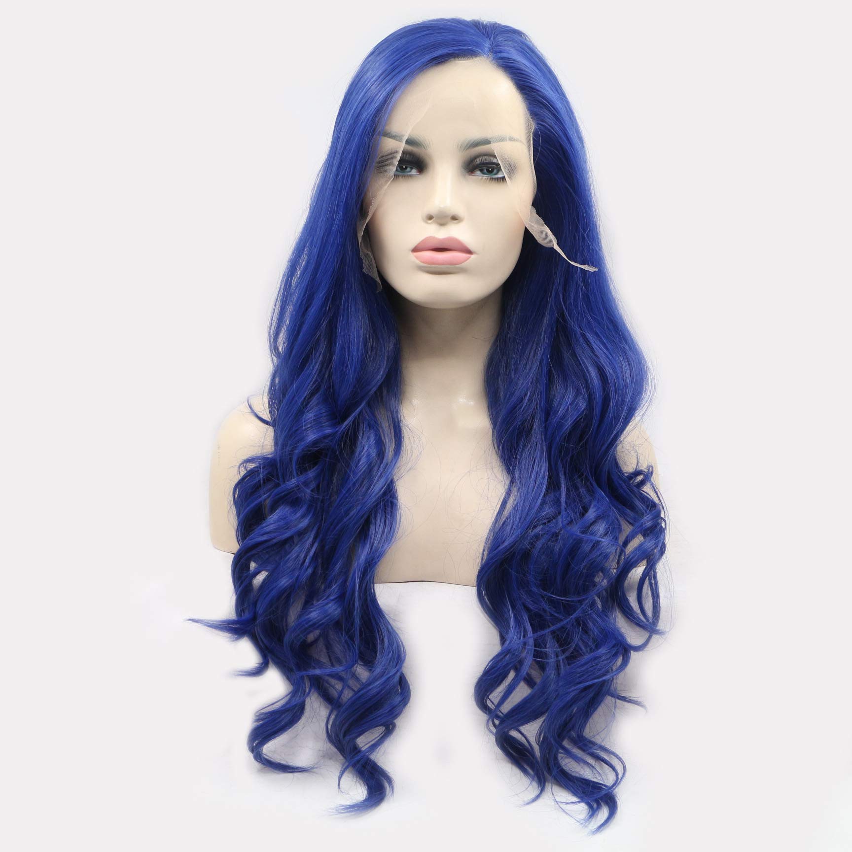 Xiweiya Long Blue Wavy Lace Front Wig - 13x3, Heat Resistant Synthetic Fiber - Mermaid Blue, Natural Hairline - 24 inch