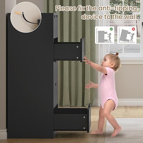 Miniatura 7 de Cómoda alta con 6 cajones, cómoda moderna negra para dormitorio, cómodas de armario con cajones para sala de estar, entrada, pasillo Negro