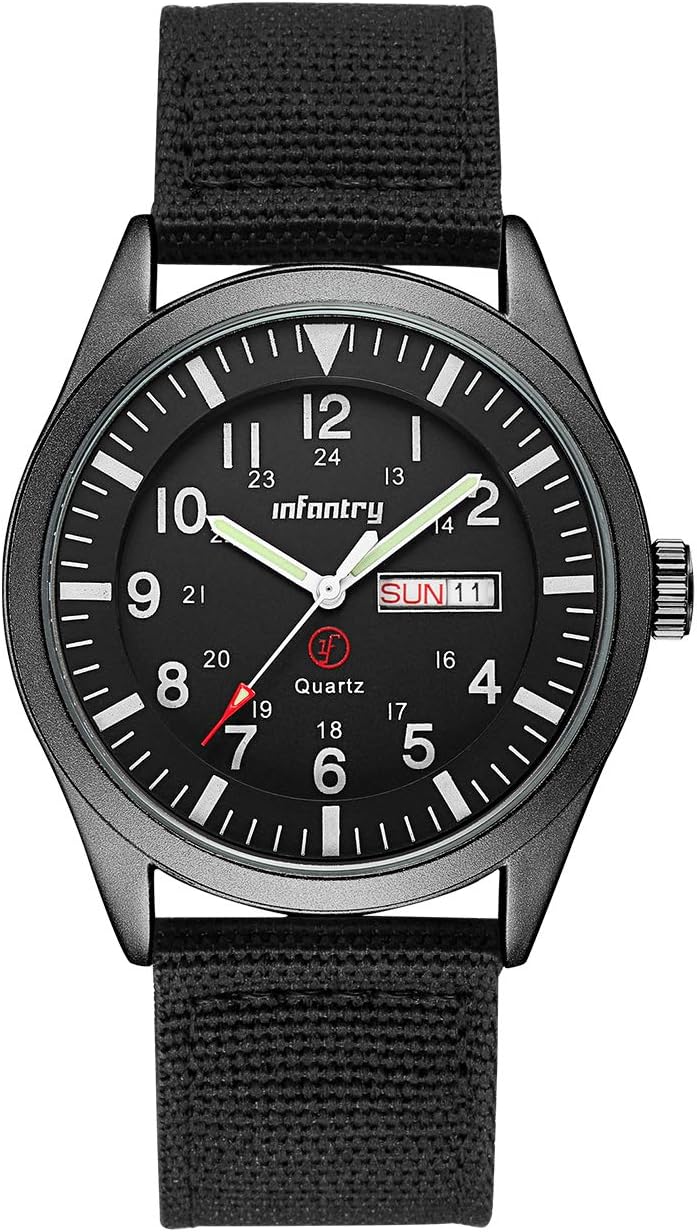 Military Watches for Men, Mens Field Wrist Watch for Tactical Outdoor Sport, Army Work Analogue Wristwatch, Date Day Display, 50M Waterproof, Black Nylon Strap