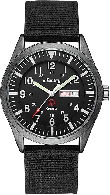 Infantry Mens Military Watch Analogue Causal Black Waterproof Wrist Watches for Men Army Tactical Field Work 12/24 Hour Outdoor Sport Wristwatch with Nylon Strap