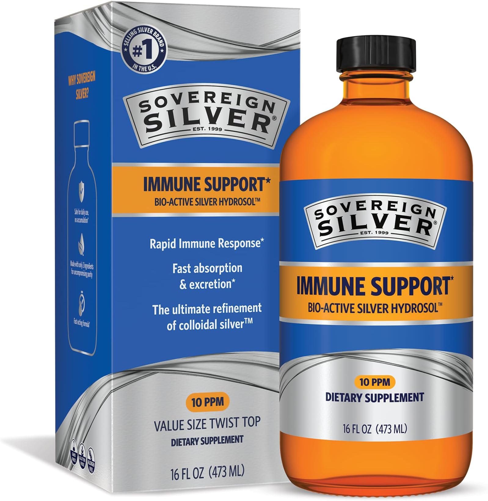 Sovereign Silver Bio-Active Silver Hydrosol for Immune Support - Colloidal Silver Liquid -10 ppm, 16oz (473mL) - Value Size