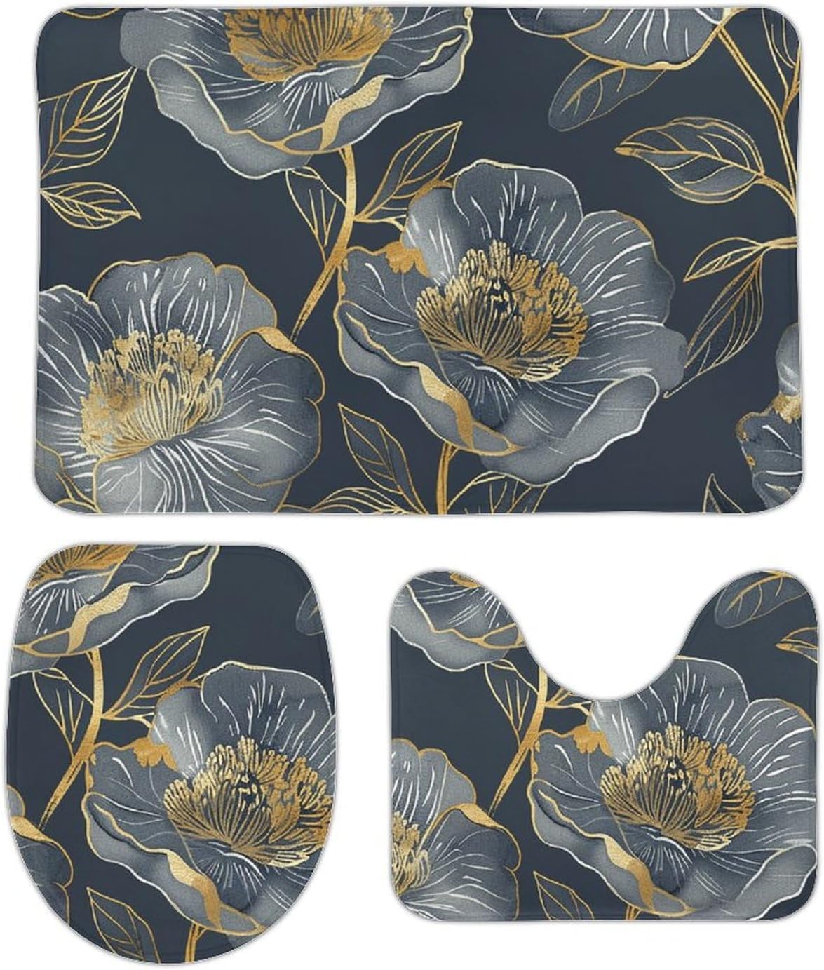 Anti-Skid Floor Mats 3 Piece Set,Gray and Gold Printed Coral Fleece Bathroom Mats U-Shaped Contour Mat Toilet Seat Cover for Bathroom, Tub, Shower, Kitchen 19.7"x31.5"