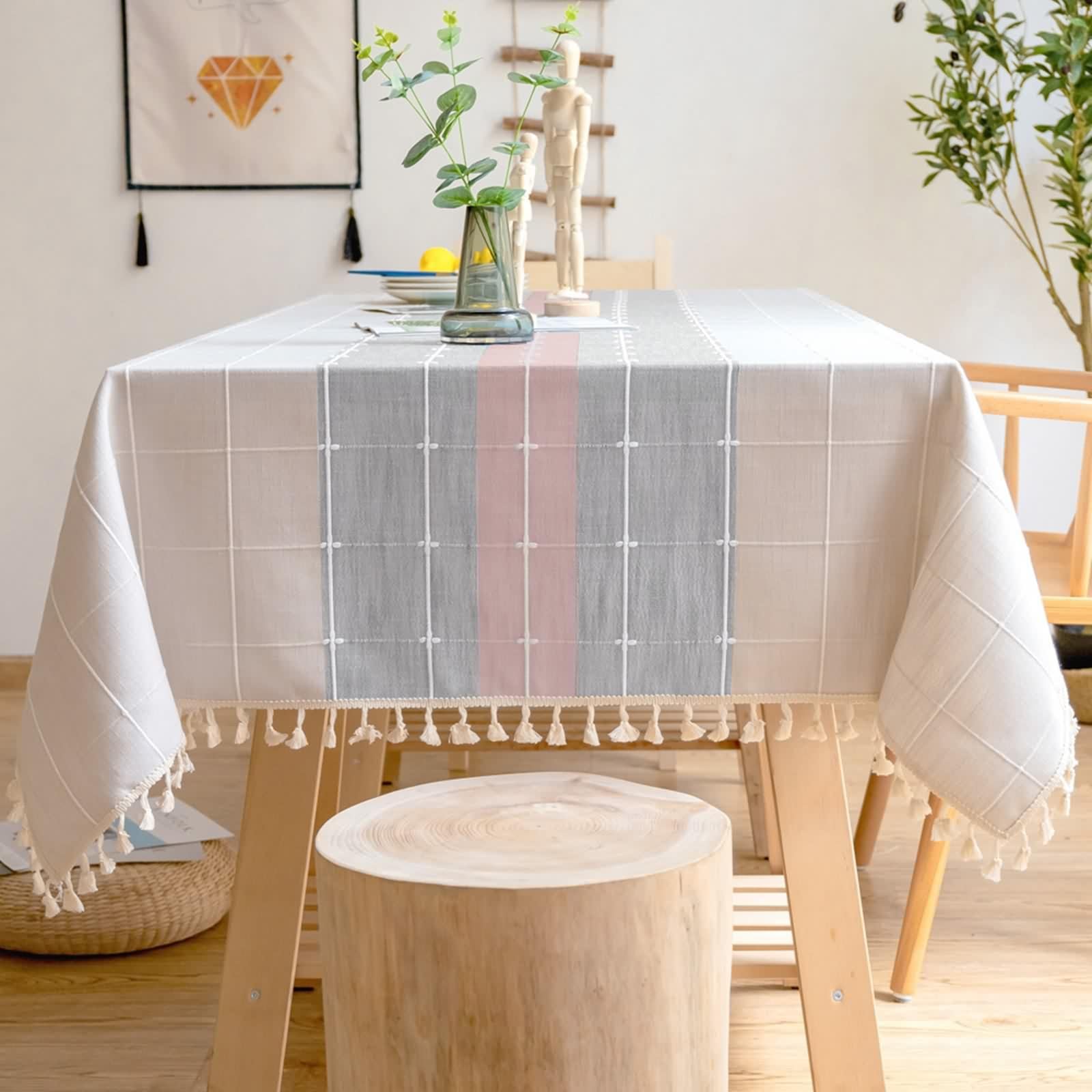 140 x 240 cm obrusy różowo-szare, prostokątny obrus w kratkę, paski z frędzlami, len, dekoracja stołu dla chłopców, zmywalna, do użytku wewnątrz ogrodu, jadalni i na imprezę