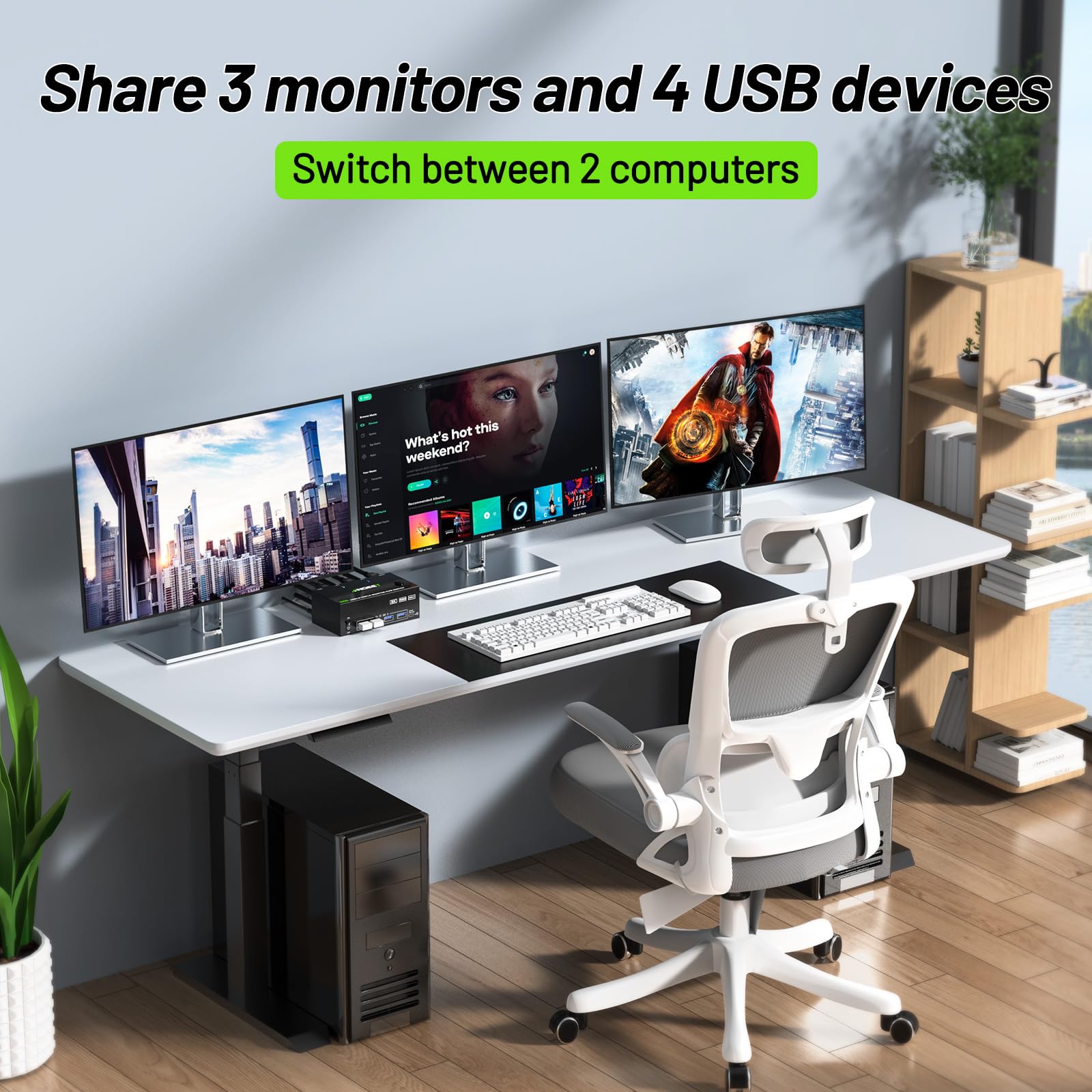 Switch KVM 3 Monitor, 2 computer 8K @60Hz 4K @144Hz, ANGEET HDMI Displayport KVM Switch Triple Monitor per 2 computer Share 3 Monitor e 4 dispositivi USB3.0, con telecomando cablato e adattatore di