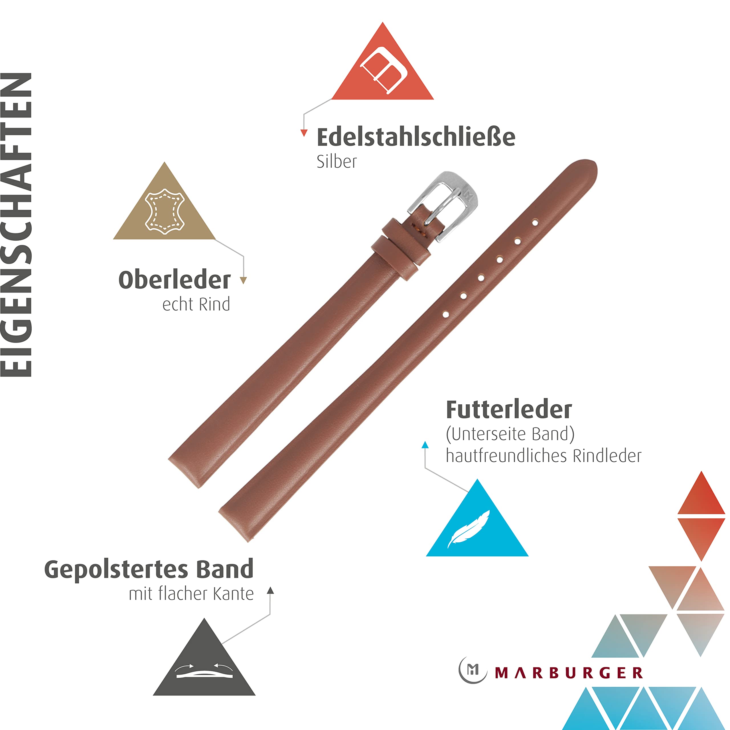 MARBURGER Uhrenarmband 10mm Leder XL Glatt Mit Naht - Werkzeug Montage Set 66010