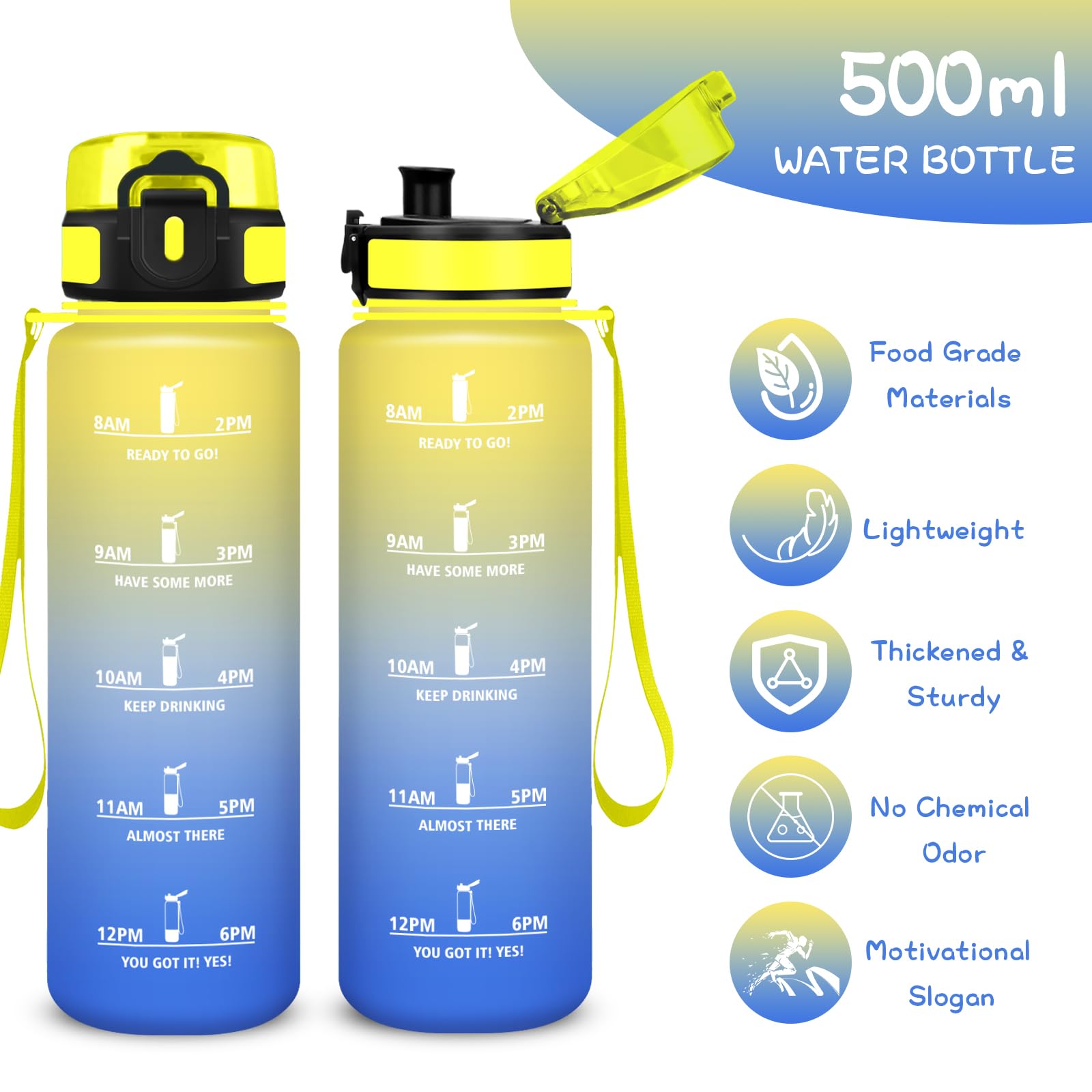 Trinkflasche Kinder- 0.5l- Wasserflasche, Trinkflasche mit Zeitmarkierung, Auslaufsicher, Wasserflasche mit Filter, Leicht zu Reinigen, Water Bottle für Schule, Schwimmen, Büro, Running - 3