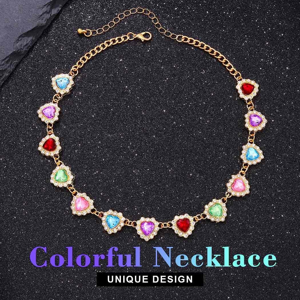 JEAIRTS Colorful Heart Rhinestone Choker Necklace Gold Multicolor Crystal Collar Necklaces Jewelry for Women - Image 2