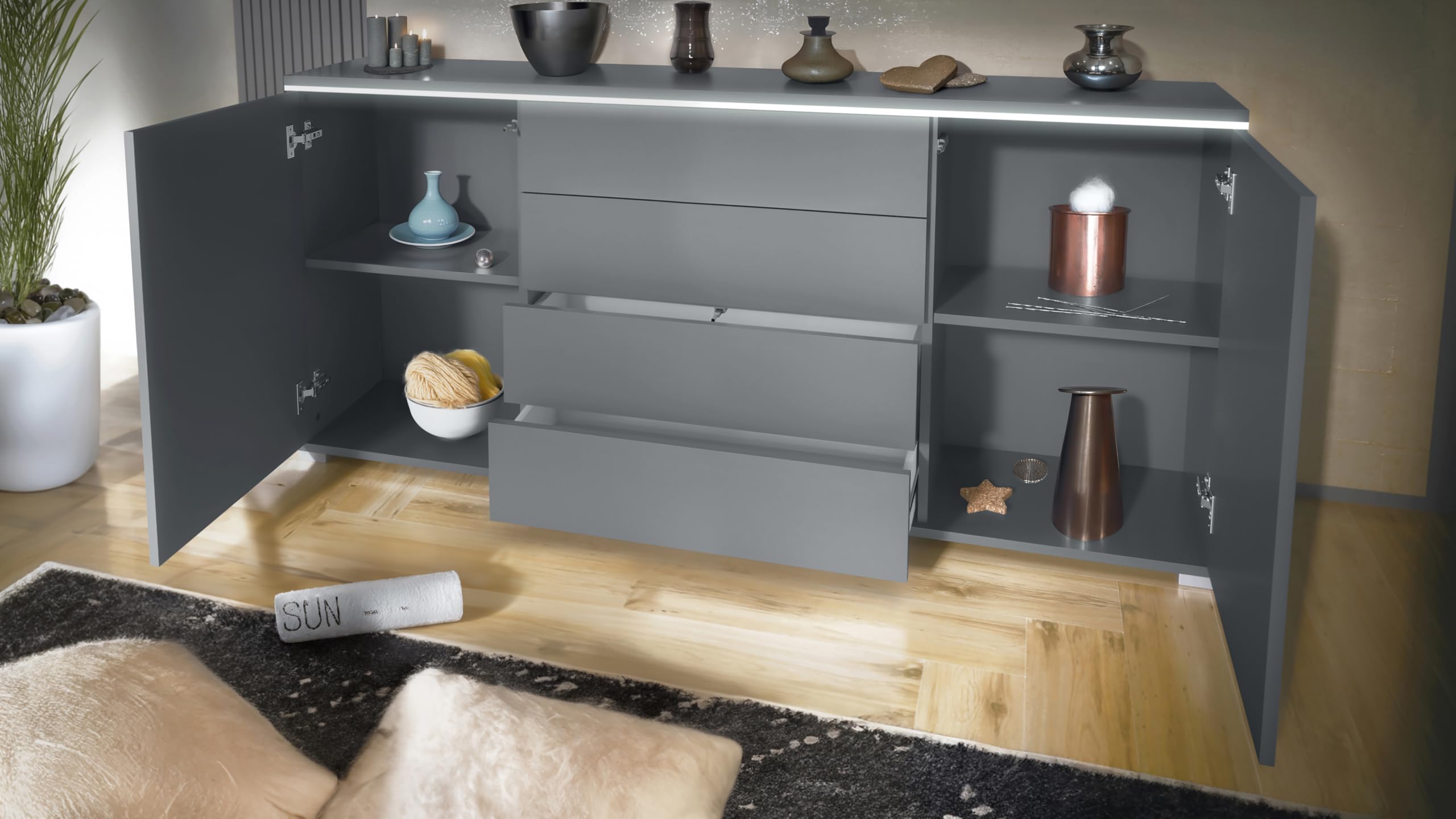 Sideboard Faro V2 - Kommode mit 2 Türen & 4 Schubladen, Schrank mit LED Lichtleiste, Anthrazit matt/Eiche Natur (166,5 x 75,5 x 35)