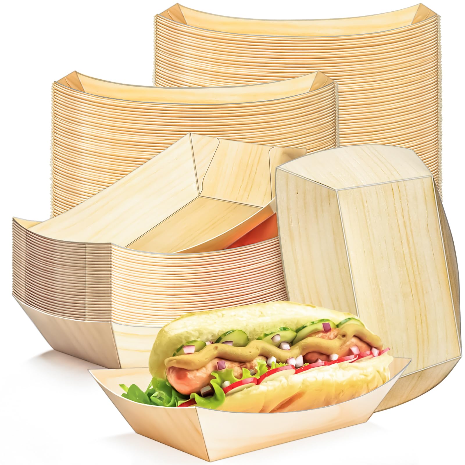 MotBach 100 Pack 2Lb Paper Food Boat Trays Disposable Paper Boats Containers, Wood Grain Kraft Food Serving Tray Boats Plates for Snack Popcorn Bakery