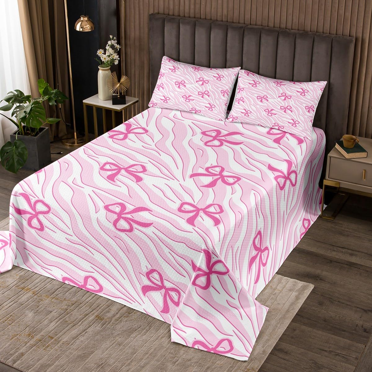 jejeloiu Zebra Bow Quilted Coverlet Coquette Bows Bedspread for Kids Boys Girls Teens Room Decor Wild Animals Coverlet Set Twin Size Pink White Stripes 2Pcs Soft Microfiber