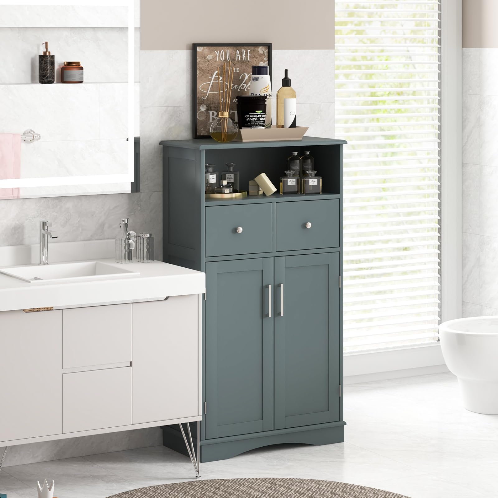 GYMAX Armadio Da Terra Stretto 60x30x108,5 Cm - Grigio, Con 2 Ante E 2 Cassetti, Mobile Multifunzione Per Bagno E Soggiorno