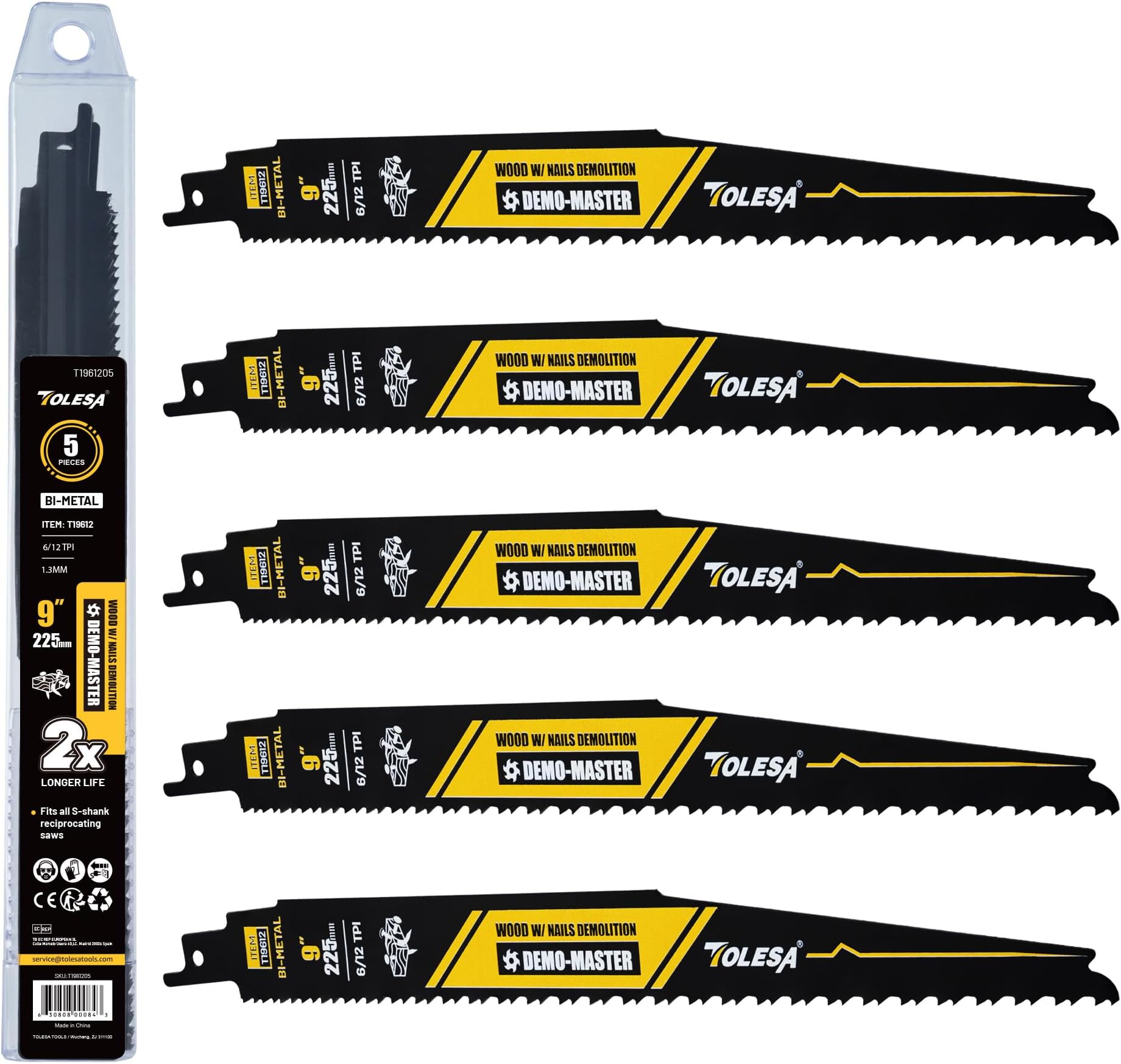 TOLESA9 Inch 6/12 TPI Reciprocating Saw Blades for Wood and Nail-Embedded Wood Demolition, 5 Pack Bi-Metal Reciprocating Saw Blade for Fast & Smooth Cutting