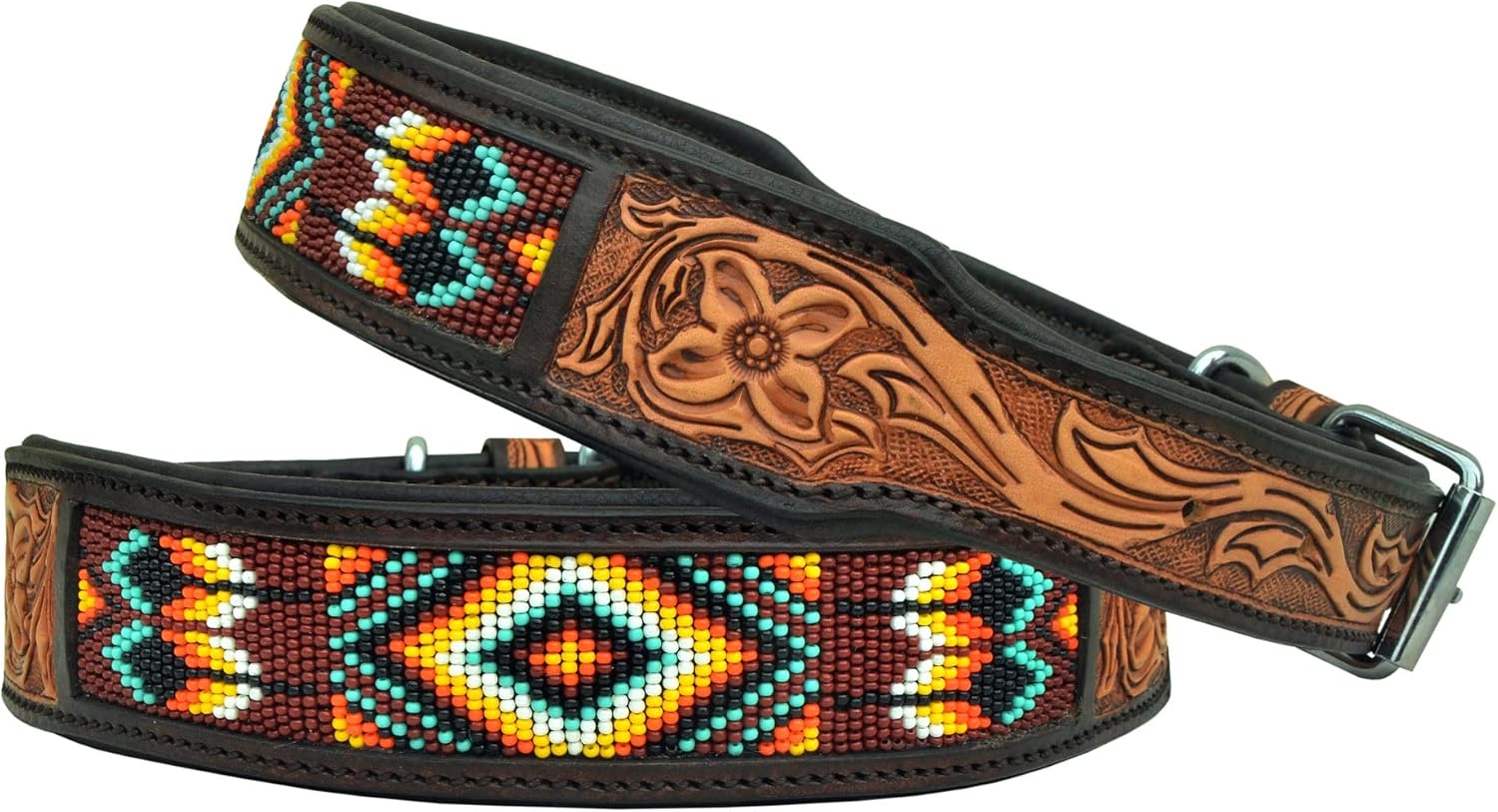 Leather Dog Collar Medium Size Western Style Heavy Duty Hand Tooled Adjustable Beaded and Padded Soft for Puppies and Big Dogs 10AB025-M