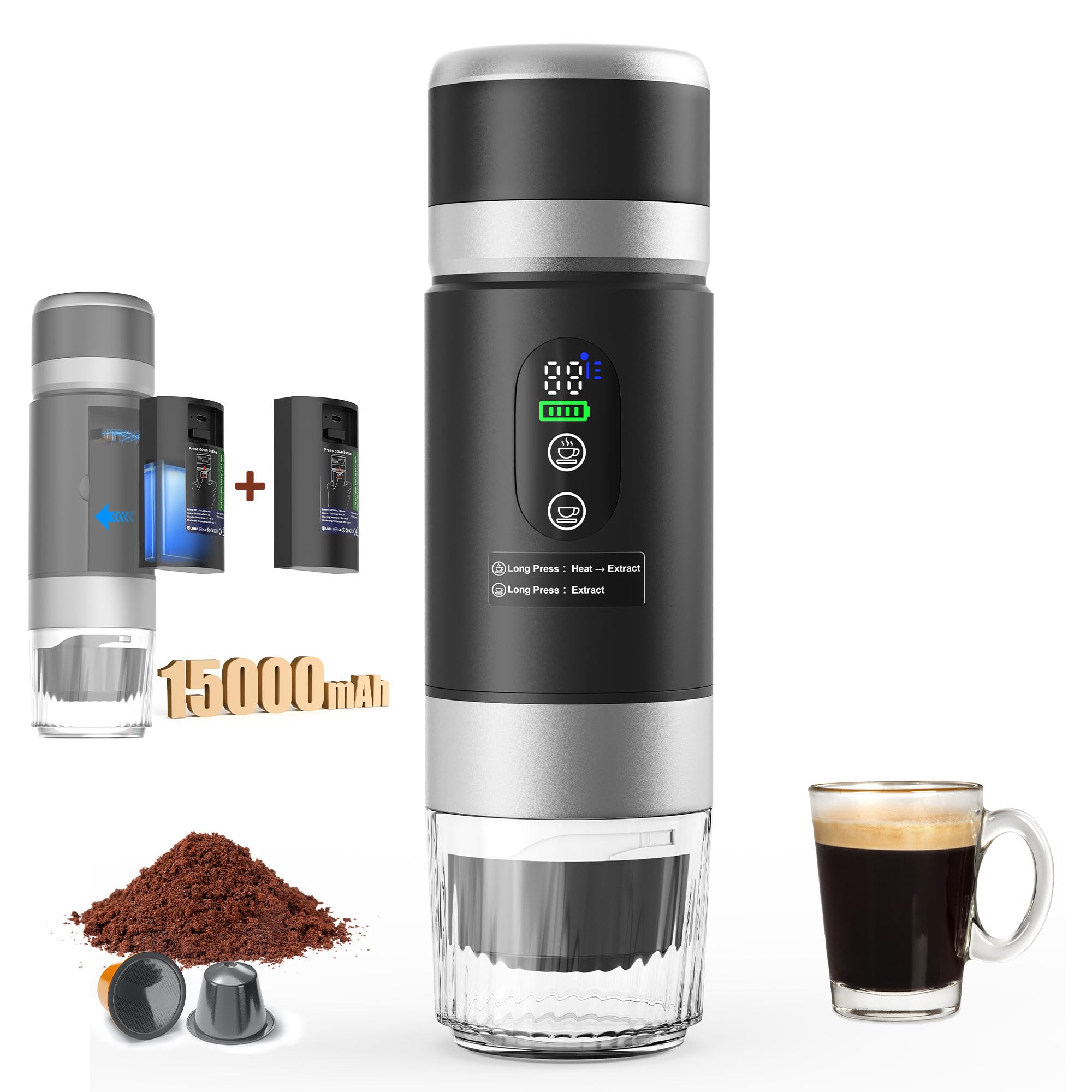 Innopower 3-in-1 Tragbare Kaffeemaschine mit Herausnehmbarem Akku, 20 Bar Hochdruck Extraktion, Schnelle Selbstheizung, Espressomaschine mit Digitalanzeige, Kompatibel mit KaffeeKapseln