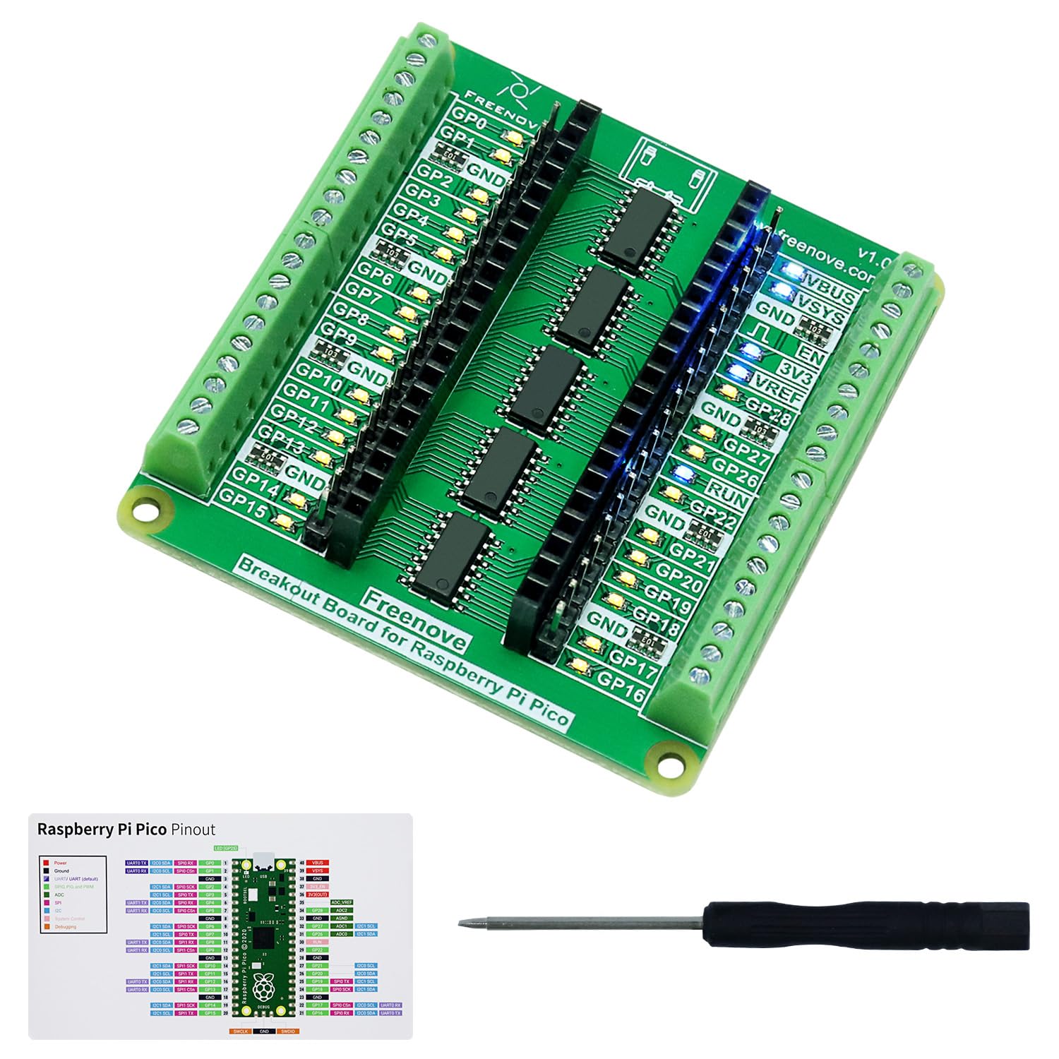 FREENOVE Breakout Board for Raspberry Pi Pico 1 2 W 2W H WH HAT | Terminal Block Shield with Pin Header, GPIO Status LEDs Driven by Specialized Chips