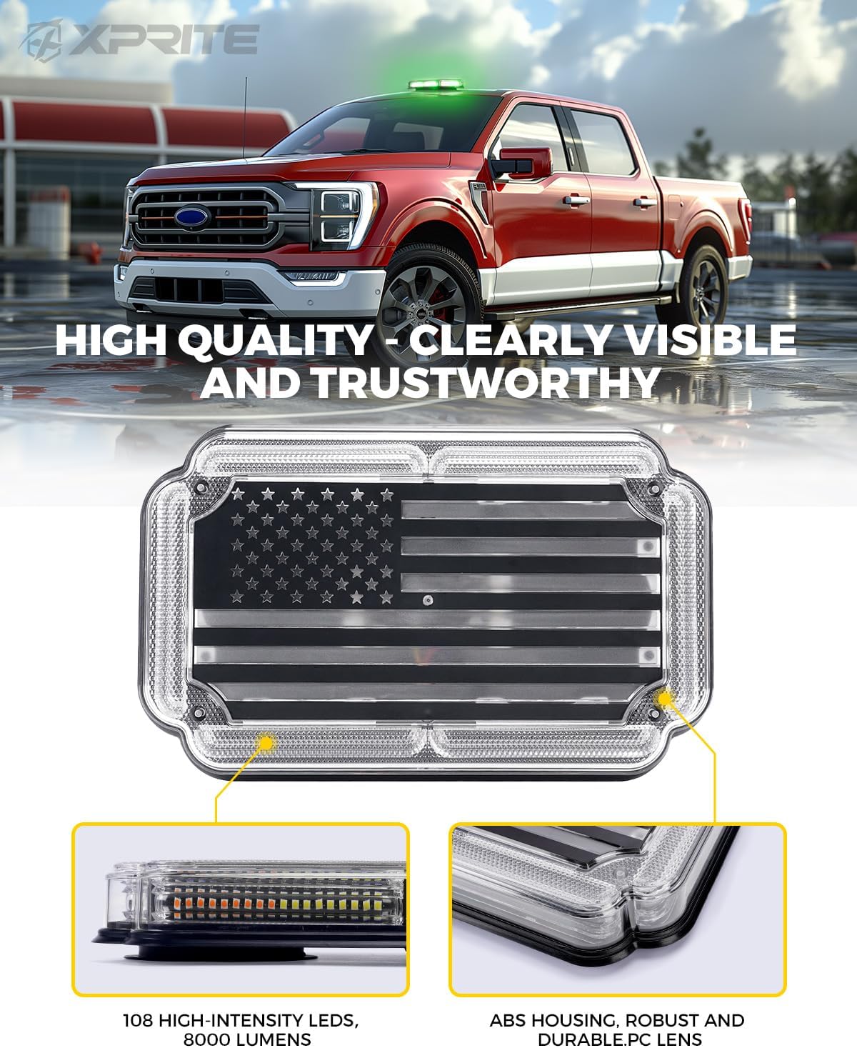 Xprite 108 LED Roof Top Strobe Light, US Flag Pattern Mail Postal Car Light Bar, Emergency Safety Warning LED Mini Strobe Lightbar w/Magnetic for Patrol Vehicles Law Enforcement Trucks, Green White