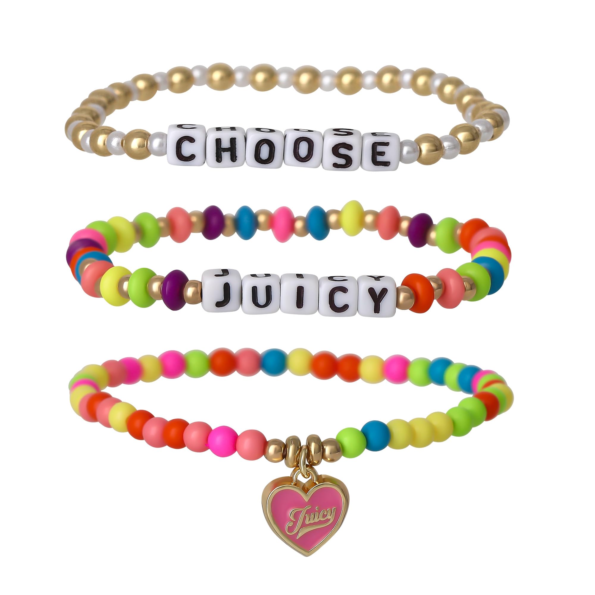 Juicy Couture Kids Beaded Bracelets Set of 3, Choose Juicy Beaded Girls Bracelets with Logo Heart Charm