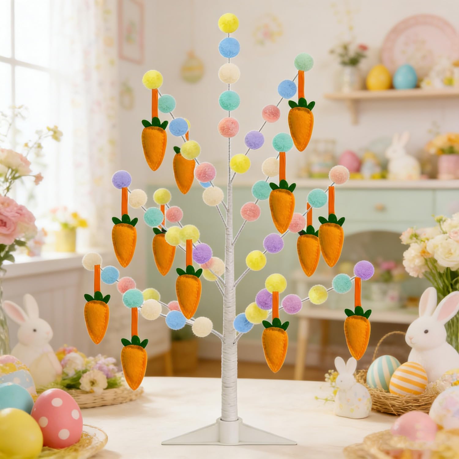 Easter Garland for Spring Party Decorations, 2 Pack 6.5FT Pastel Pom Poms Garlands with Handmade Felt Carrots Hanging for for Mantle Fireplace Wall Tree Indoor Garden Outdoor Easter Banner Decor