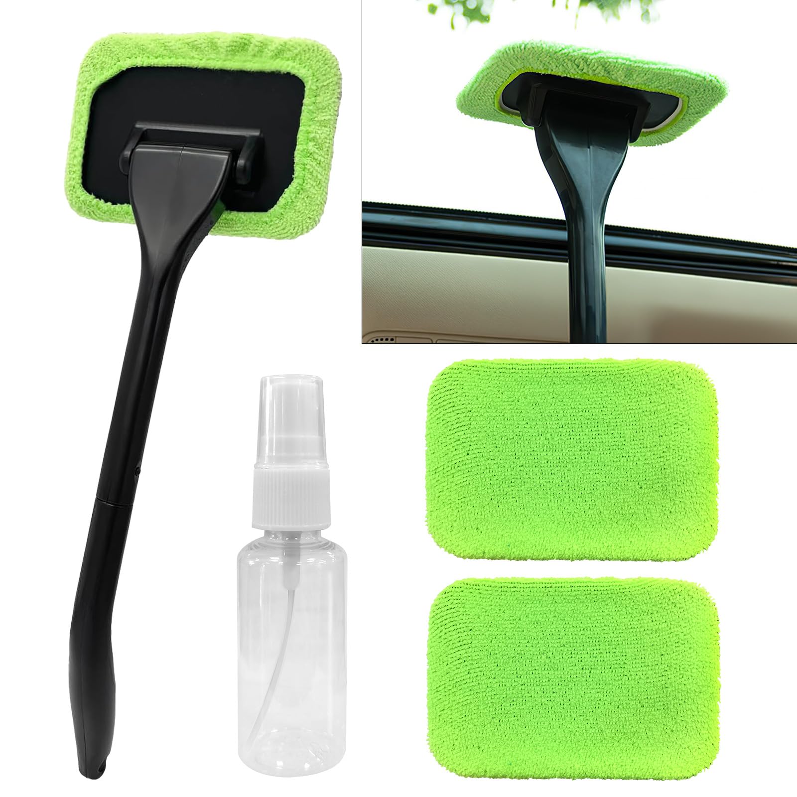 Car Windshield Cleaning Tool, Microfiber Auto Window Cleaner Set with 2 Washable & Reusable Cloth Pad Head, Long Handle and Spray Bottle, Universal Glass Wiper Cleaning Kit
