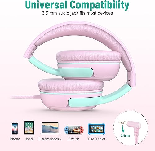 Miniatura 6 de rockpapa Share 1 Auriculares para niños con cable con micrófono y puerto compartido, 85dB94dB volumen limitado, lindo plegable estudiantes niños