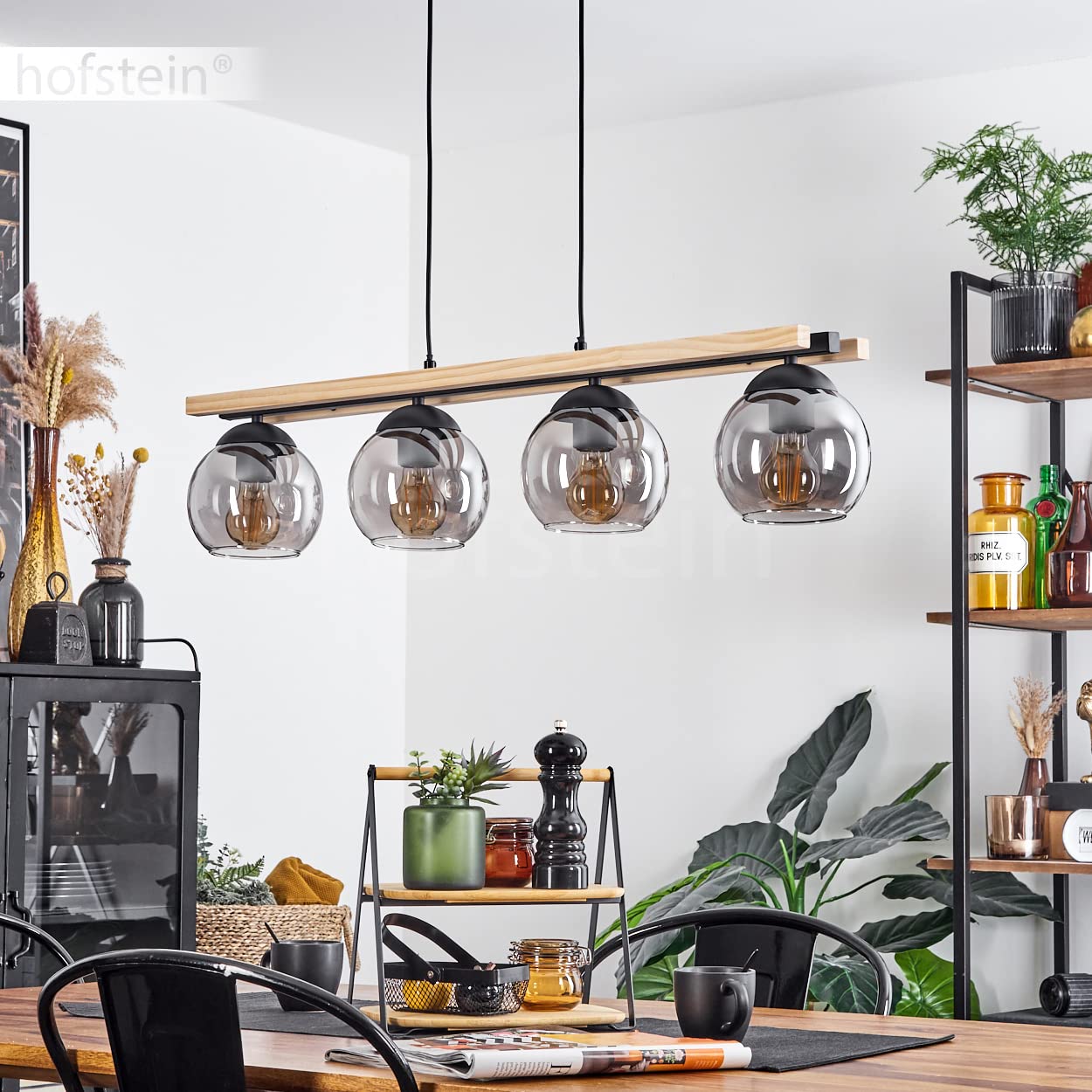 Lampada a sospensione Podre, lampada moderna in metallo/legno/vetro in colore nero/natura/fumo, 4 luci, con paralume in vetro reale (15 cm) e asta in legno, altezza massima 129cm, E27, senza lampadine