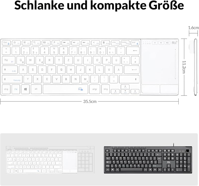 Rii Wireless Billentyűzet Touchpad-del, 2.4GHz + Bluetooth, Újratölthető - White