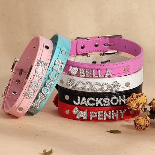 Miniatura 5 de Didog Collares de piel sintética suave para perro con letras de nombre personalizadas con diamantes de imitación, para perros pequeños y medianos,