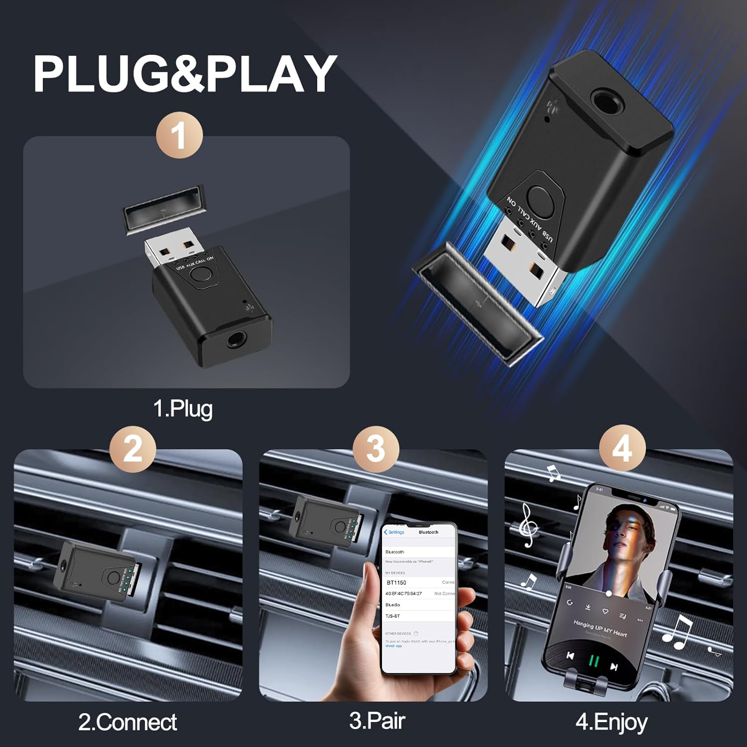 Four-step diagram showing how to plug in the adapter, connect the AUX cable, pair with a phone, and play music.