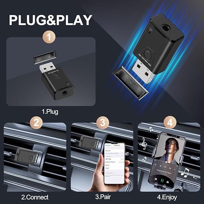 Adaptador Bluetooth 5.4 USB para Coche, Receptor de Música, Manos Libres miniatura 6