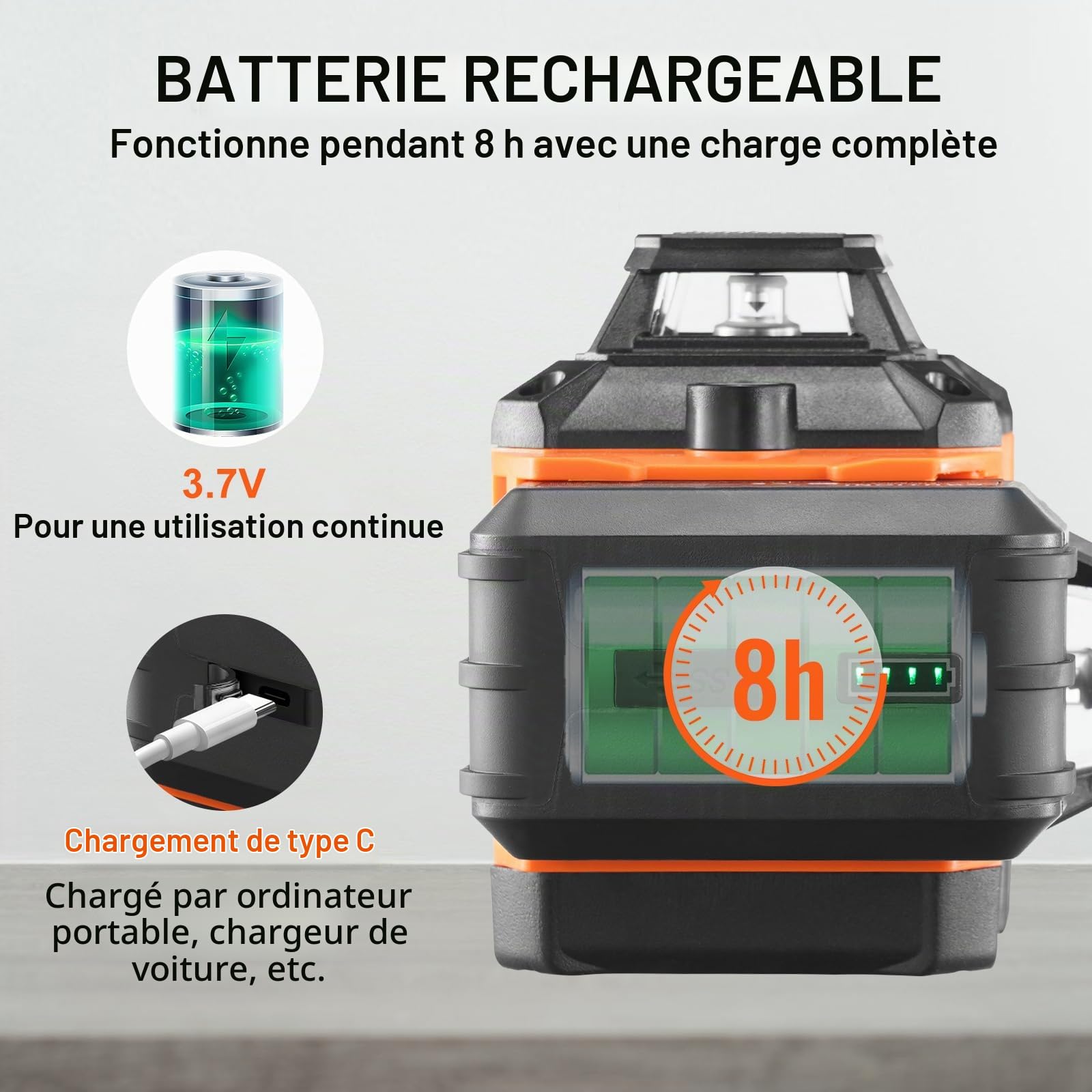 VEVOR Niveau Laser 30 m Niveau Laser 360° x 3 Ligne Croisée Verte Mode Autonivelant Manuel Longueur d'Onde Laser 520 nm ± 10 nm Précision de 0,28 cm à 10 m 8 h de Travail Continu avec Batterie Support