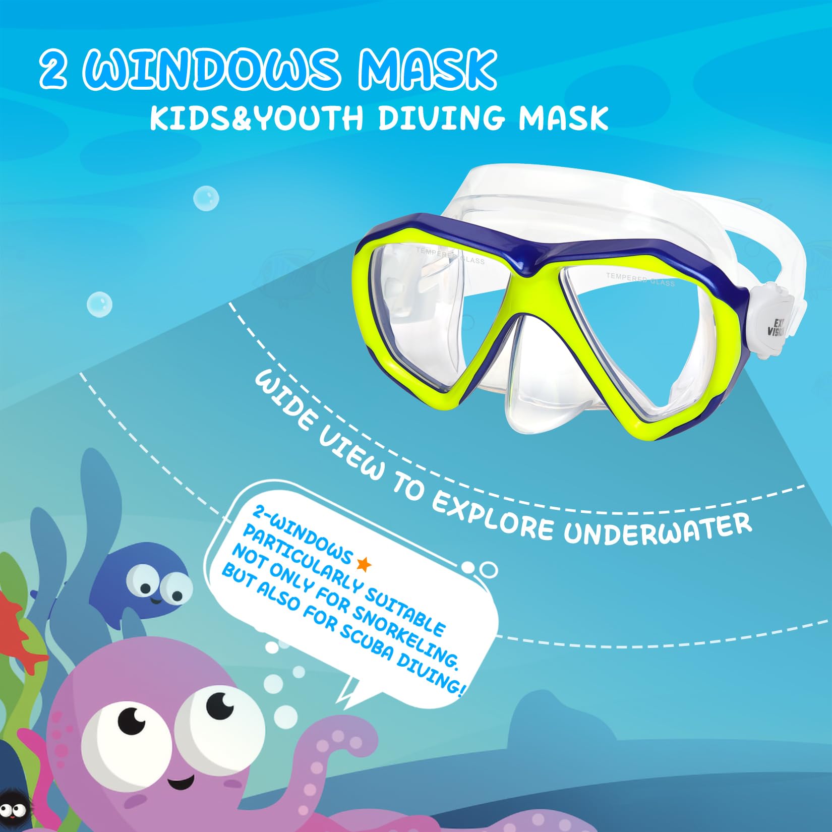 HIKOTEY Maschera Immersione per Bambini,Maschera per Immersioni Anti-Nebbia & Anti-Perdite Panoramica 180°,Protezione UV,Lente in vetro Temperato,Adatto a Bambini dai 4 ai 16 Anni - Verde