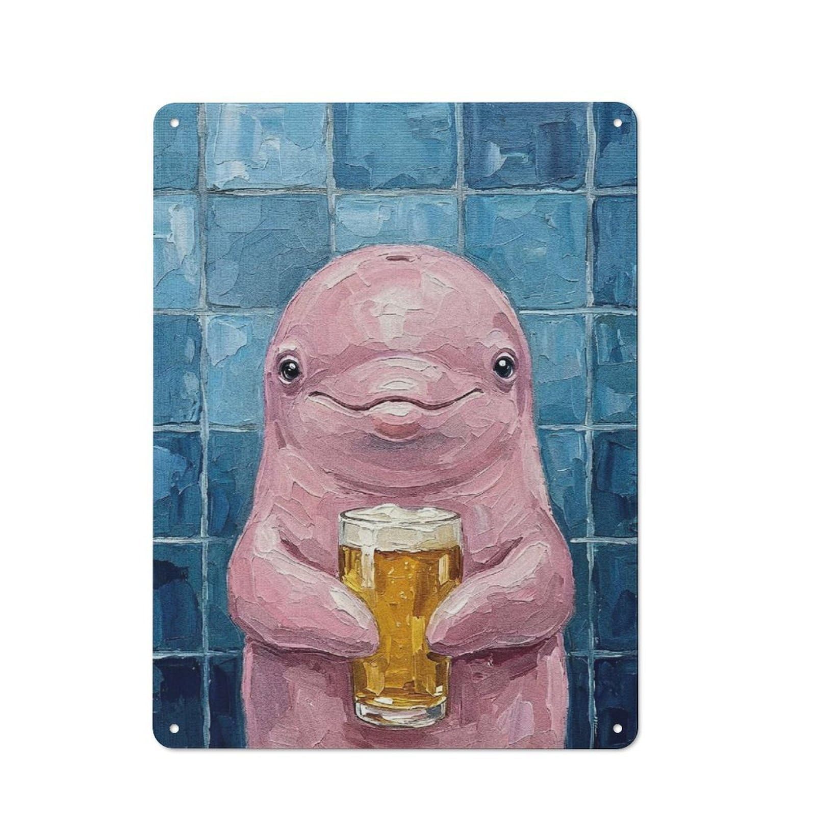 Country Country Metal Sign 40x30cm Featuring Pink Dolphin with Beer Painting, Rustic Kitchen Decor for Cottage, Kitchen, Hallway Or Breakfast Nook