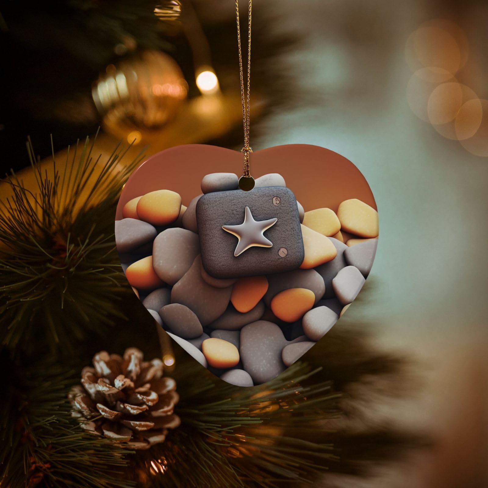 Christmas Tree Ornaments Ceramics Christmas Decorations Pebble Ornaments with Gold Ribbon Porcelain Xmas Tree Crafts Heart Shape Hanging Pendant for Christmas Tree Party Decor