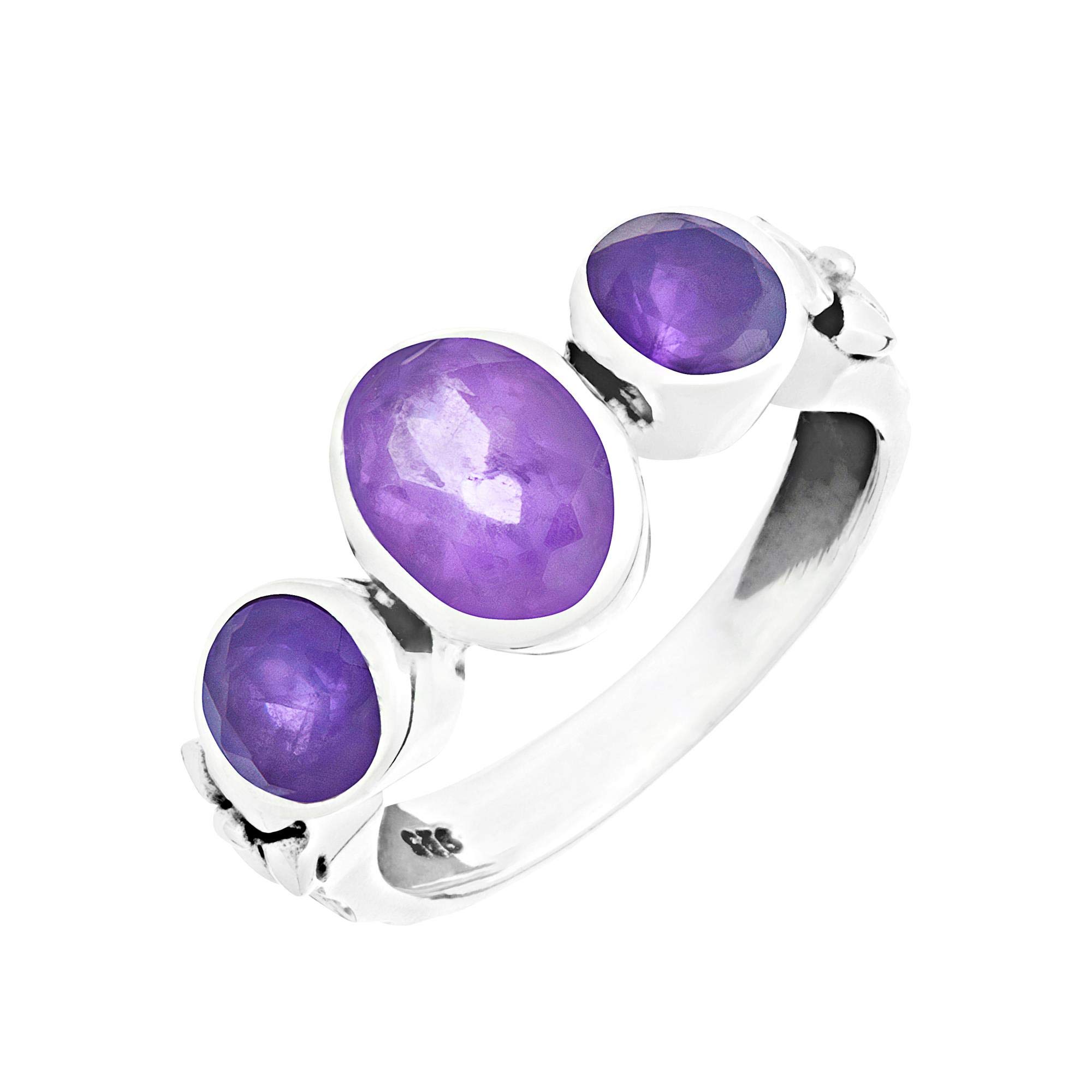81stgeneration Anillo de Trilogía de Amatista Ovalada en Plata de Ley para Mujer | Anillo de Cristal Morado Facetado en Plata 925 | Anillos Bohemios con Triple Piedra Preciosa