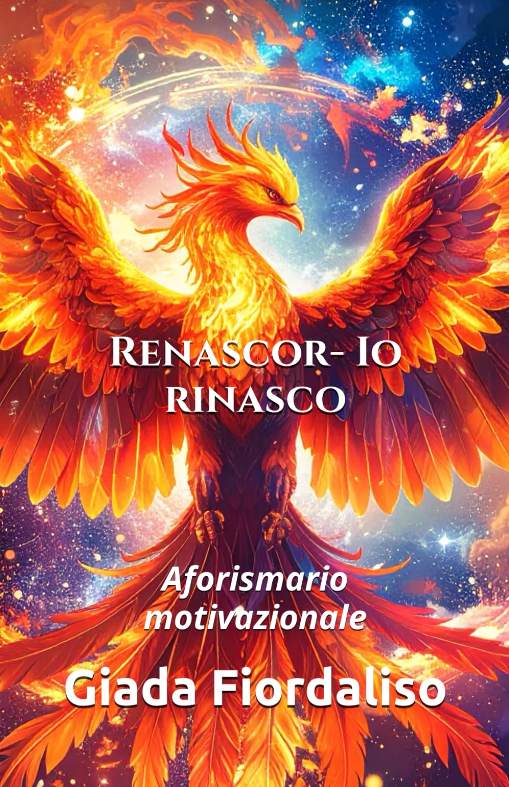 Renascor- Io rinasco-copertina con fenice arancione e interni a colori con illustrazione di una fenice nera e dorata sullo sfondo di ogni pagina: Aforismario motivazionale