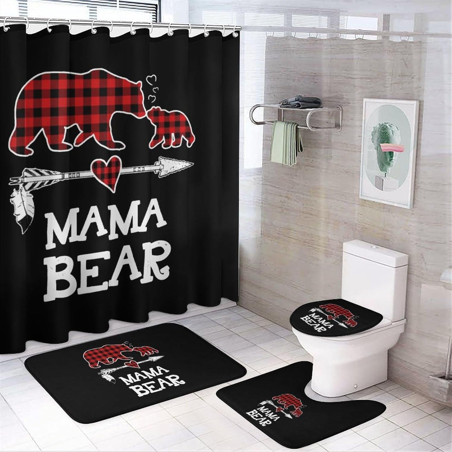 Red Plaid Buffalo Mama Bear 4 Pcs Shower Curtain Sets with Non-Slip Rug Soft Toilet Lid Cover and Bath Mat Bathroom Decor