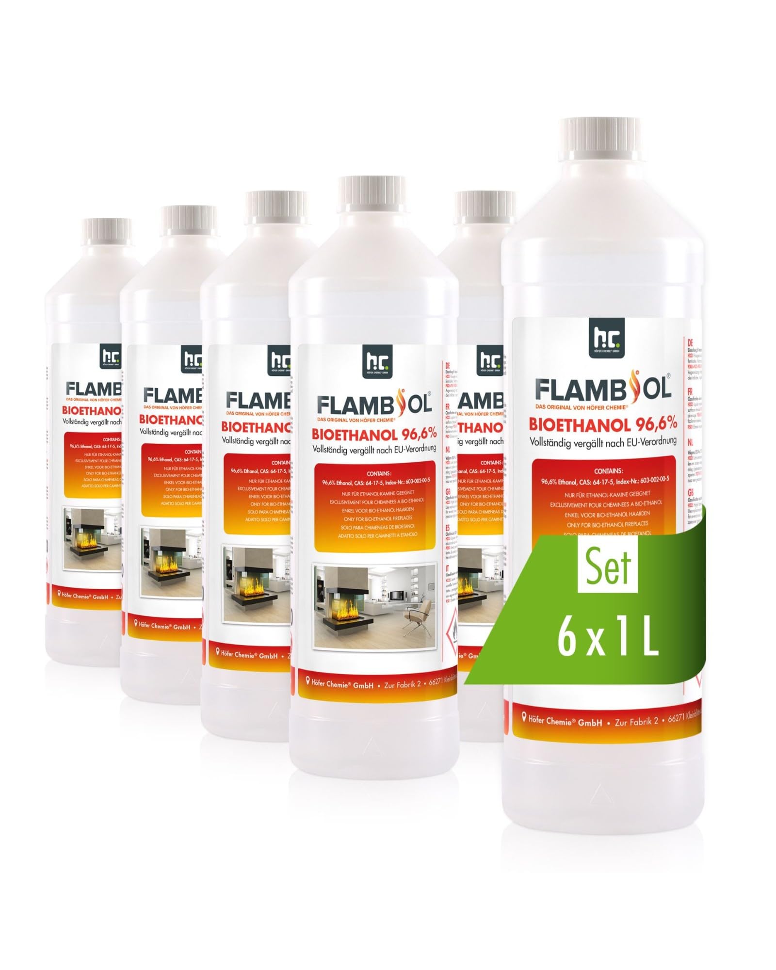 Höfer Chemie Bioethanol 96,6% Premium 6 x 1 L - Ethanol für Tischkamin, Kamin & Gartendeko für Draußen - Rauch- und Rußfrei - Aus Mais & Zuckerrüben
