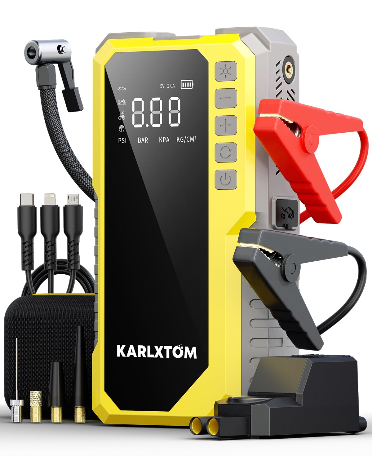Karlxtom Arrancador de Baterias de Coche 4500A, Compresor de Aire de 190 PSI (Toda Gasolina o 10L Diésel)，12V Arrancador de Coches, Linterna LED de 500 Lúmenes, Pantalla LCD